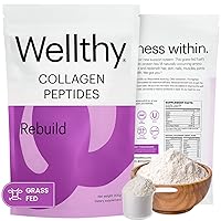 Wellthy Collagen Peptides Protein Powder - Grass Fed Hydrolyzed Collagen for Hair Growth, Skin, Nails, Gut and Joint Support - 20,000mg Collagen & 18g Protein | Unflavored (15 Servings)