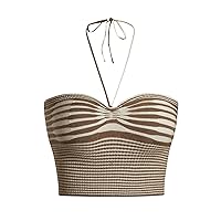 SweatyRocks Women's Striped Tie Backless Halter Top Sleeveless Knitted Crop Cami Tank