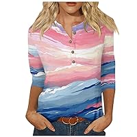 Summer Tops for Women 3/4 Length Sleeve Printed Graphic Tees Oversized Tshirts Shirts Trendy Button Down Blouses