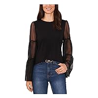 Vince Camuto Women's Mix Media Top with Tier Mesh Bell, Rich Black