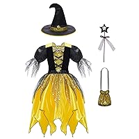 CHICTRY Witch Costume for Girls Witch Cosplay Halloween Fancy Dress Up Outfit with Crescent Hat Wand Candy Handbag