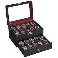 SONGMICS 20-Slot Watch Box, Watch Case with Glass Lid, 2 Layers, Lockable Watch Display Case, Black Synthetic Leather, Father's Day Gifts, Wine Red Lining UJWB020R01