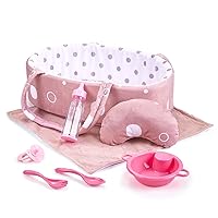 8 Pcs Baby Doll Accessories Set Includes Feeding Bottle, Pacifier, Blanket, Pillow, Tablewares and Bassinet Carrier for 9'' to 12'' Dolls