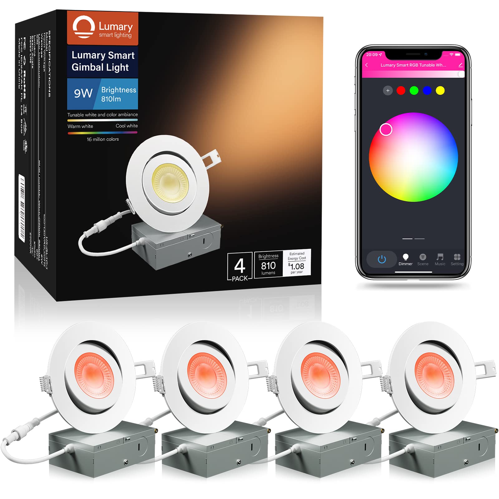 Lumary Smart Recessed Lighting 4 Inch - 9W 810 Lumens Gimbal Canless Recessed Lighting Color Changing Dimmable 2700K to 6500K RGB Wafer Lights Work with Alexa/Google Assistant ETL Certified 4 Pcs