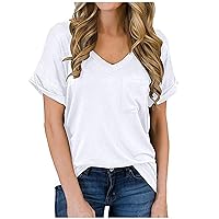 ZEFOTIM Womens Tunic Tops,Summer Fashion Plain Ruffled Pocket Tops Shirts Trendy Long Sleeve V-Neck Blouse Tees Tunic Womens Going Out Tops Spring Shirts for Women Womens Tops(#2-White,X-Large)