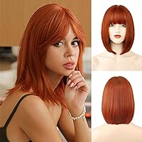 NAYOO Auburn Bob Wig with Bangs, 12 Inch Short Auburn Wig for Women, Cosplay Wig Easy to Wear, Straight Bob Wig for Beginner, Synthetic Wig for Everyday, Party and Halloween(Auburn)