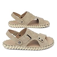 Men's Leather Sandals Fashion Convertible Hiking Sandals Beach Vacation Non-Slip Walking Slides（Apricot 8）
