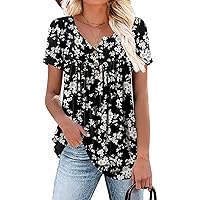Aodemo Women's 2024 Summer Henley V Neck Button Up Tunic Ladies Loose Fit Tops Flowy Short Sleeve/Sleeveless Blouse