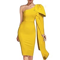 UONBOX Women's One Shoulder Bowknot Long Sleeve Bodycon Knee Length Club Party Bandage Dress