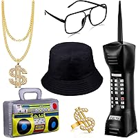 Sumind 6 Pcs 80s 90s Hip Hop Costume Outfit Kit Inflatable Radio Boombox Necklace Ring Sunglasses Hat Rapper Accessories