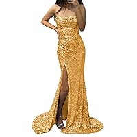 Women's Sequin Mermaid Prom Dress Spaghetti Strap Formal Evening Dress Sparkly Appliques Prom Gown with Slit MN974