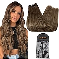 Full Shine Sew in Hair Extensions Real Human Hair Color 4/24/4 Weft Hair Extensions Human Hair 24 Inch 105G Remy Human Hair+One Long Hair Extension Storage Bag With Hair Extension Hanger