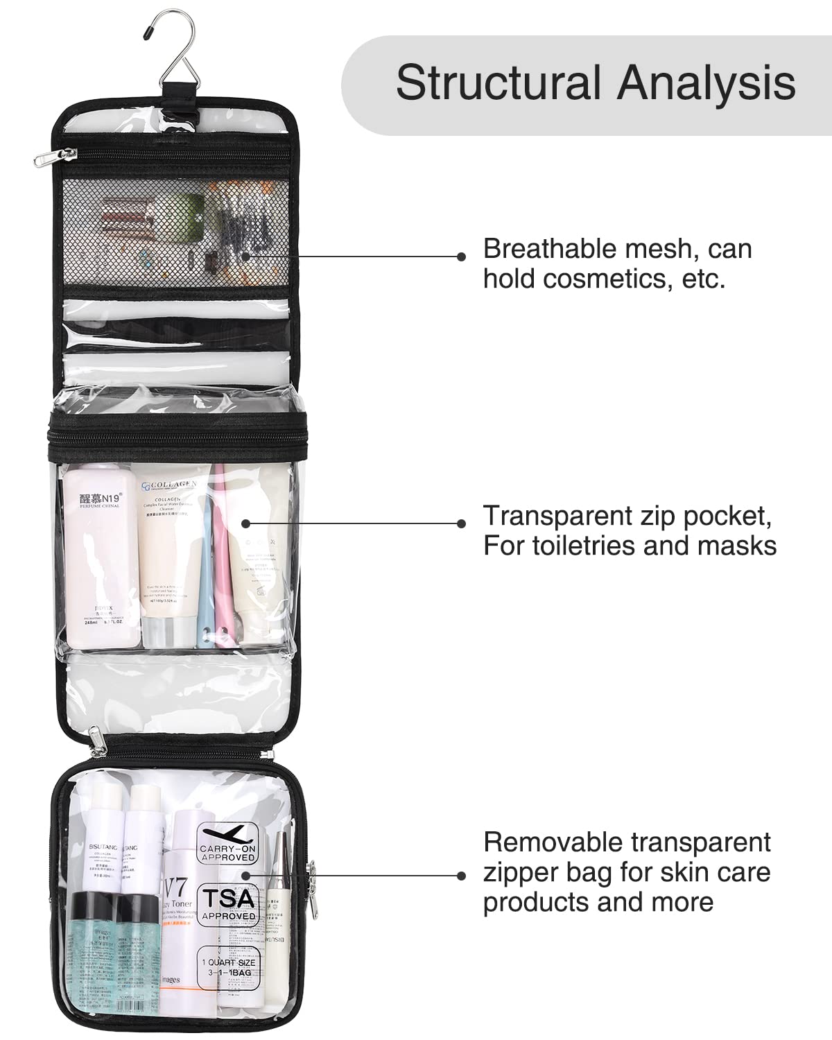 Hanging Toiletry Bag TSA Approved Clear Toiletry Bag for Women and Men 2 in 1 Removable TSA Liquids Travel Bag Waterproof Carry On Airline 3-1-1 Compliant Bag Quart Sized Luggage Pouch (Clear)