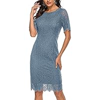 MEROKEETY Women's Short Sleeve Lace Floral Cocktail Dress Crew Neck Knee Length for Party