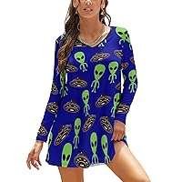 Green UFO Aliens Sundresses for Women Long Sleeve V Neck Print Mini Loose T-Shirt Dress