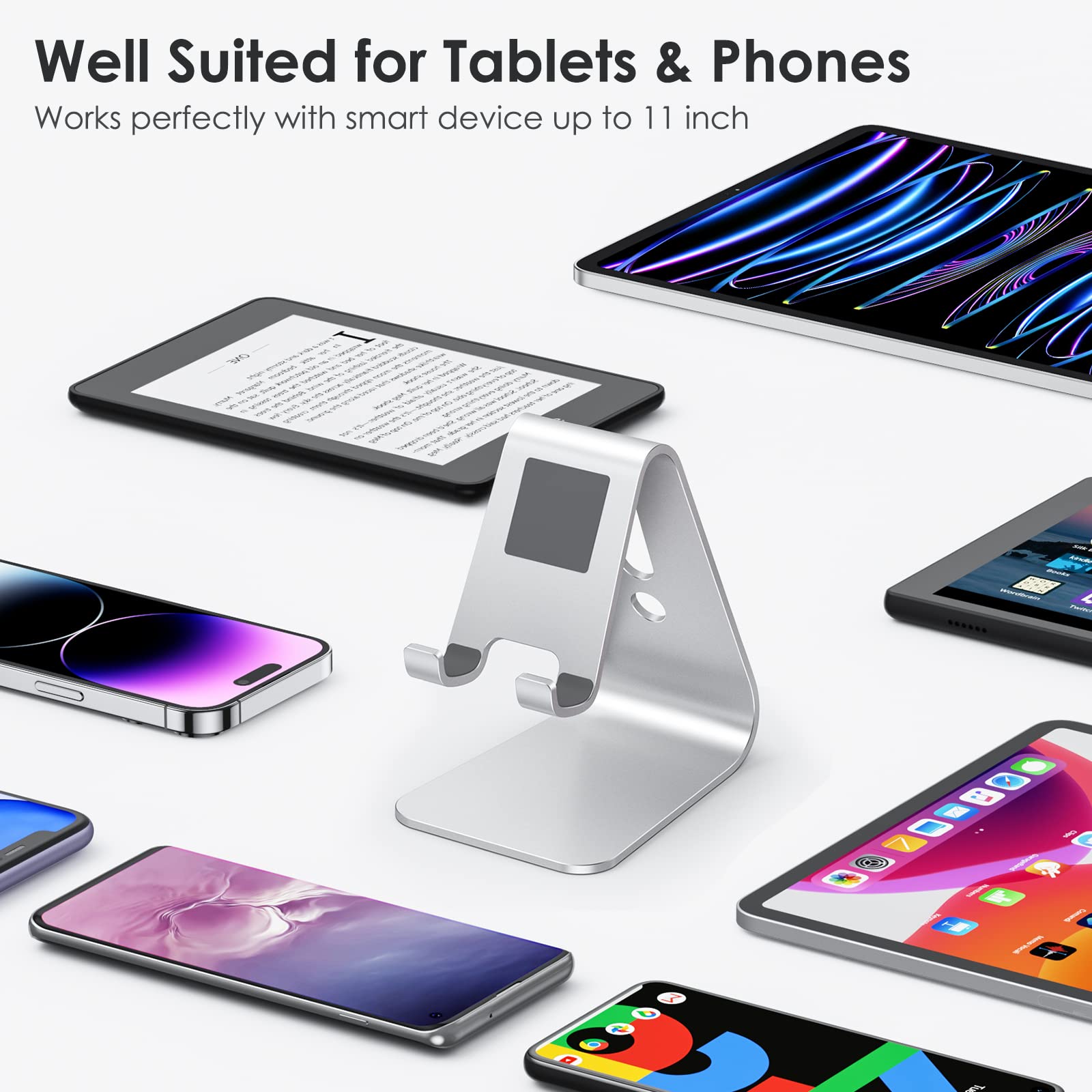 OMOTON Upgraded Aluminum Cell Phone Stand, C1 Durable Cellphone Dock with Protective Pads, Smart Stand Designed for iPhone 14 Plus, 14/13/12/11 Pro Max XR XS, iPad Mini, Android Phones, Silver