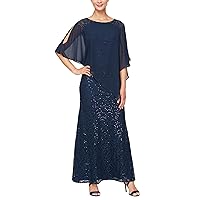 S.L. Fashions Women's Long Length Sequin Lace Beaded Dress, Formal Evening Gown, (Petite and Regular Sizes), New Navy Capelet