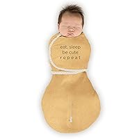 SwaddleDesigns 6-Way Omni Swaddle Sack for Newborn with Wrap & Arms Up Sleeves & Mitten Cuffs, Easy Swaddle Transition, Better Sleep for Baby, Heathered Gold, Eat Sleep Repeat, Small, 0-3 Months