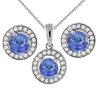 Sabrina Silver 14K White Gold Natural Tanzanite Earrings and Pendant Set with Diamond Halo Round 5 mm