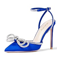 Elisabet Tang Women's High Heel Pumps,Satin Rhinestone Bowknot Lace Up Sandals Pointed Toe Ankle Buckle Straps Pump Stiletto Sandals