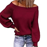 Women's Off Shoulder Sweater Long Sleeve Loose Batwing Sleeves Pullover Knit Jumper Casual Oversized Waffle Tunic Tops