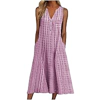 Womens Summer Dress with Pocket, Casual Sleeveless Tunic Dress Solid V Neck Button Midi Dresses Elegant Sundress