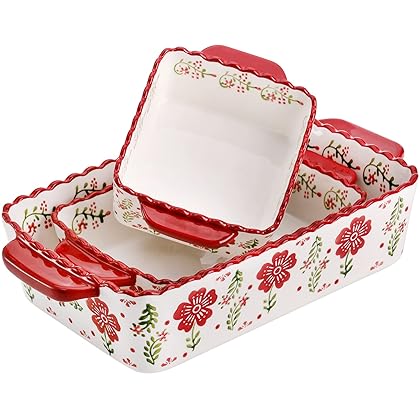 Coloch 3 Pack Ceramic Baking Dishes, Rectanglar Bakeware Set Hand-painted Lasagna Pan Porcelain Serving Bakeware for Pasta, Chicken, Kitchen, Banquet, Microwave and Dishwasher Safe