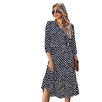 Womens Summer Wave ponit Wrap Dress 3/4 selleve V Neck Casual Ruffle Dress