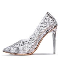 Cape Robbin Giulia Clear Stiletto High Heels for Women - Women's Transparent Sexy Pumps - Pointed Toe Slip On Sexy Shoes with Faux Rhinestone