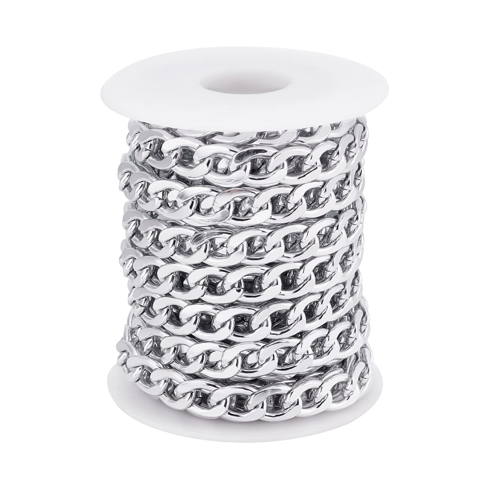 CHGCRAFT 16.4 Feet Aluminium Curb Chains Smooth Surface Charm Twisted Link Chains with Spool Silver Color Chains for DIY Necklace Bracelet Jewelry Making Chain, 0.5x0.35x0.1inch Link