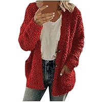 Women's Popcorn Fuzzy Long Sleeve Soft Chunky Knit Sweaters Oversized Open Front Cardigan Outwear with Pockets