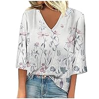 Womens Tunic Tops 3/4 Sleeve Summer V Neck Tops 2023 Sexy Floral Blouse Casual Loose T-Shirts Vintage Graphic Tees