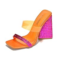 Cape Robbin Milus Slip On Block Chunky Heels for Women - Bright Colorful Heels - Square Toe Chunky Platform Heels Sandals - Rhinestone Embellished