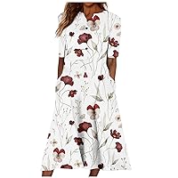 Summer Dresses for Women 2024 Trendy Crewneck/V Neck Maxi Dress Short Sleeve Dressy Casual Sundress with Pocket Today Deals(2-Wine,3X-Large)