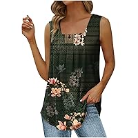 Women's Western Ethnic Floral Tank Tops Loose Fit Square Neck Summer Top Pleated Curved Hem Flowy Sleeveless Shirts