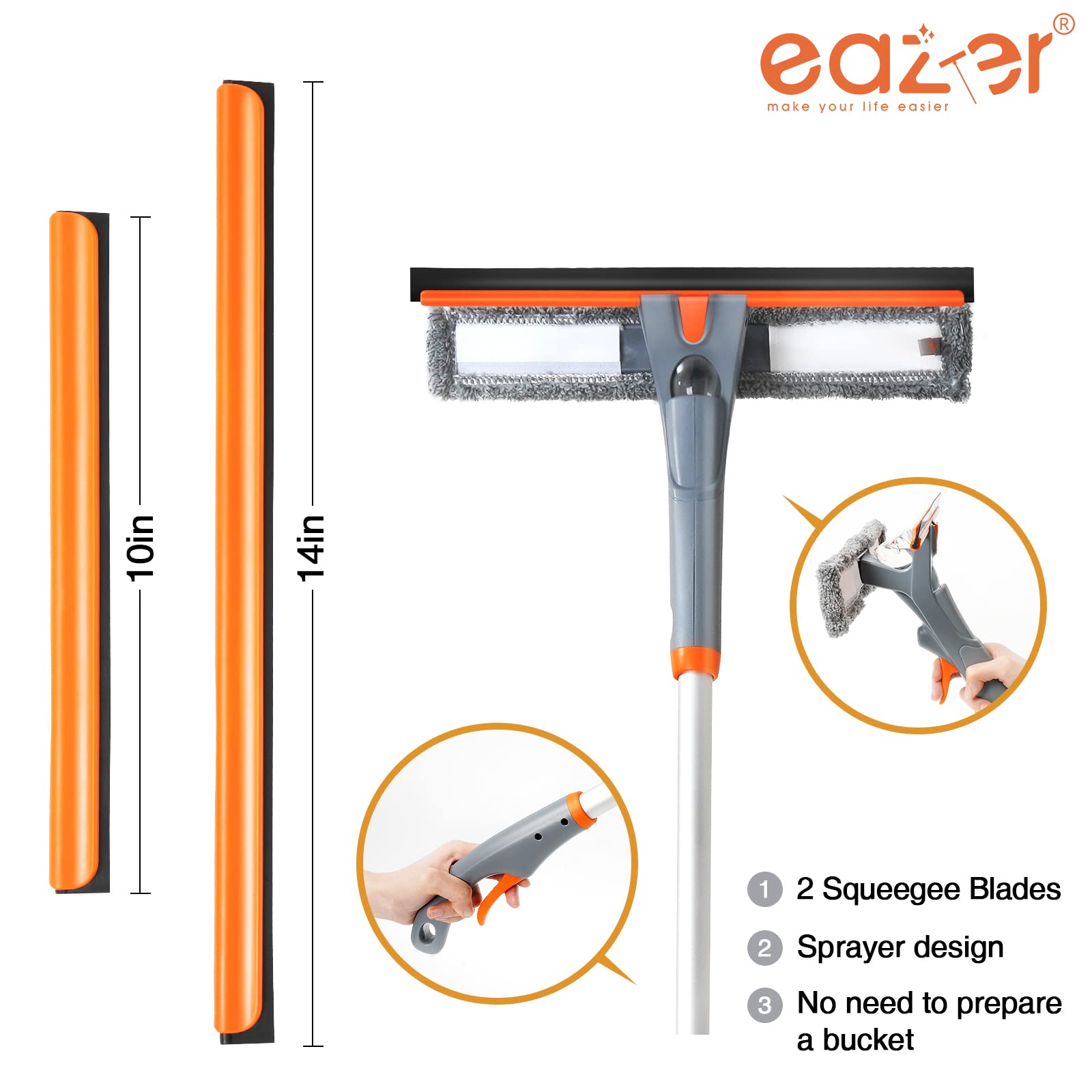 eazer 76'' Spray Window Squeegee Cleaner Tool, 3-in-1 Window Washer Cleaning Kit with Extension Pole, Window Washing Equipment with 10.5/14-Inch Adjustable Head for Indoor/Outdoor Glass - 4pads
