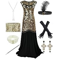1920s Sequin Gatsby Maxi Long Evening Prom Mermaid Hem Dress w/Accessories Set
