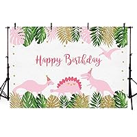 MEHOFOTO Pink Dinosaurs Girl Birthday Photo Studio Background Safari Jungle Wild Green Palm Leaves Pink and Gold Birthday Party Decoration Banner Backdrop for Photography 7x5ft