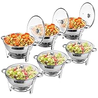 Chafing Dish Buffet Set 6 Packs, 5 QT Stainless Steel Round Chafing Dishes with Glass Lid & Lid Holder, Food Warmer For Parties Buffet Weddings Catering Events