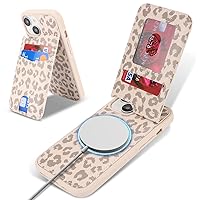 Ｈａｖａｙａ for iPhone 15 Wallet case magsafe Compatible iPhone 15 case with Card Holder Mganetic Back Credit Card Slot with Stand Leather Phone case for Women and Men-Off White Leopard Print