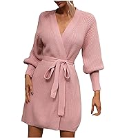 Women’s Long Lantern Sleeve Oversized Wrap V Neck Soft Knit Sweater Dress Open Front Cardigan Coat Outwear with Belt
