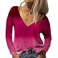 T-Shirts for Women Women's Top Streak Stripe Deep V-Neck Long Sleeve Casual Loose -Shirt