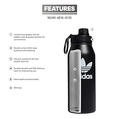 adidas 1 Liter (32 oz) Metal Water Bottle, Hot/Cold Double-Walled Insulated  18/8