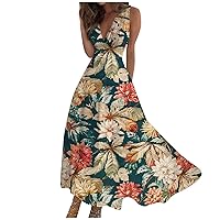 Summer Dresses 2023 Summer Elegant Print Zipper Hem Loose Long Dresses Sexy Deep V Neck Sleeveless Swing Dress