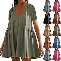 Women's Linen Dresses 2024 Fashion Short Sleeve V-Neck Solid Color Casual Loose T Shirt Dresses, S-3XL