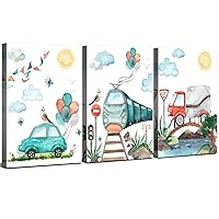 Car Wall Art Nursery Decor Cartoon Train Artwork for Kids Bedroom Teal Canvas Painting Baby Room Poster Watercolor Vehicle Truck Balloon Pictures Children Playroom Bathroom Home Decorations 8x12