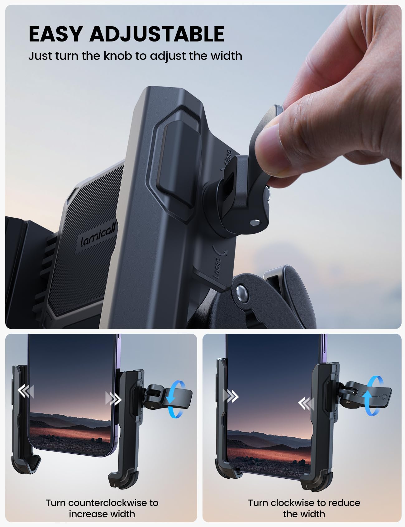 Lamicall Motorcycle Phone Mount Holder - [Camera Friendly] [1s Lock] 2023 Bike Phone Holder Handlebar Clamp, Bicycle Scooter Phone Clip, for iPhone 14 Pro Max, 13 12 Mini, 2.4~3.54