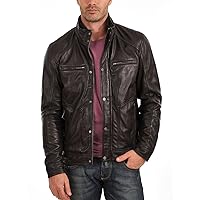Men's Genuine Lambskin Leather Jacket Slim fit Moto Biker Jacket Brown Color MJF665