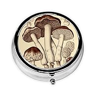 Round Pill Box Vintage Mushrooms Drawing Cute Small Pill Case 3 Compartment Pillbox for Purse Pocket Portable Pill Container Holder to Hold Vitamins Medication Fish Oil and Supplements