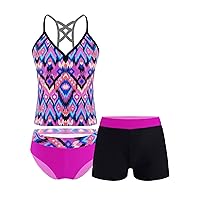 iiniim Kids Girls 3 Piece Swimsuit Floral Bohemian Printed Swimwear Sport Swim Shorts Tankini Top